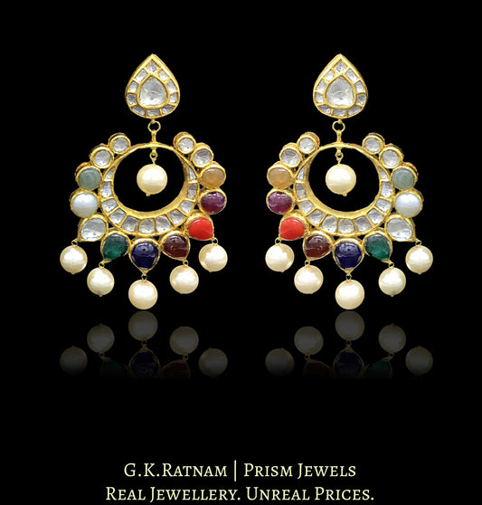 18k Gold and Diamond Polki reversible Chand Bali Earring pair with navratan stones