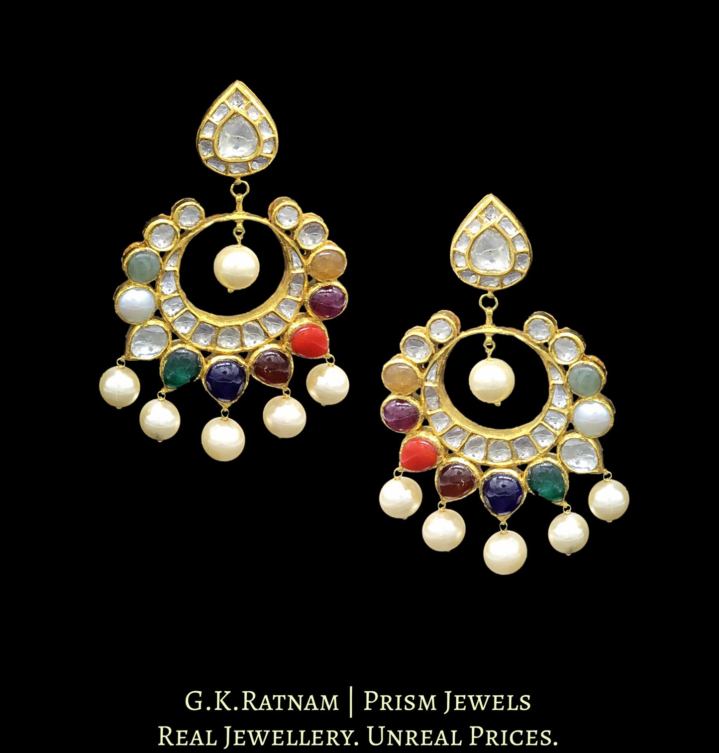 18k Gold and Diamond Polki reversible Chand Bali Earring pair with navratan stones