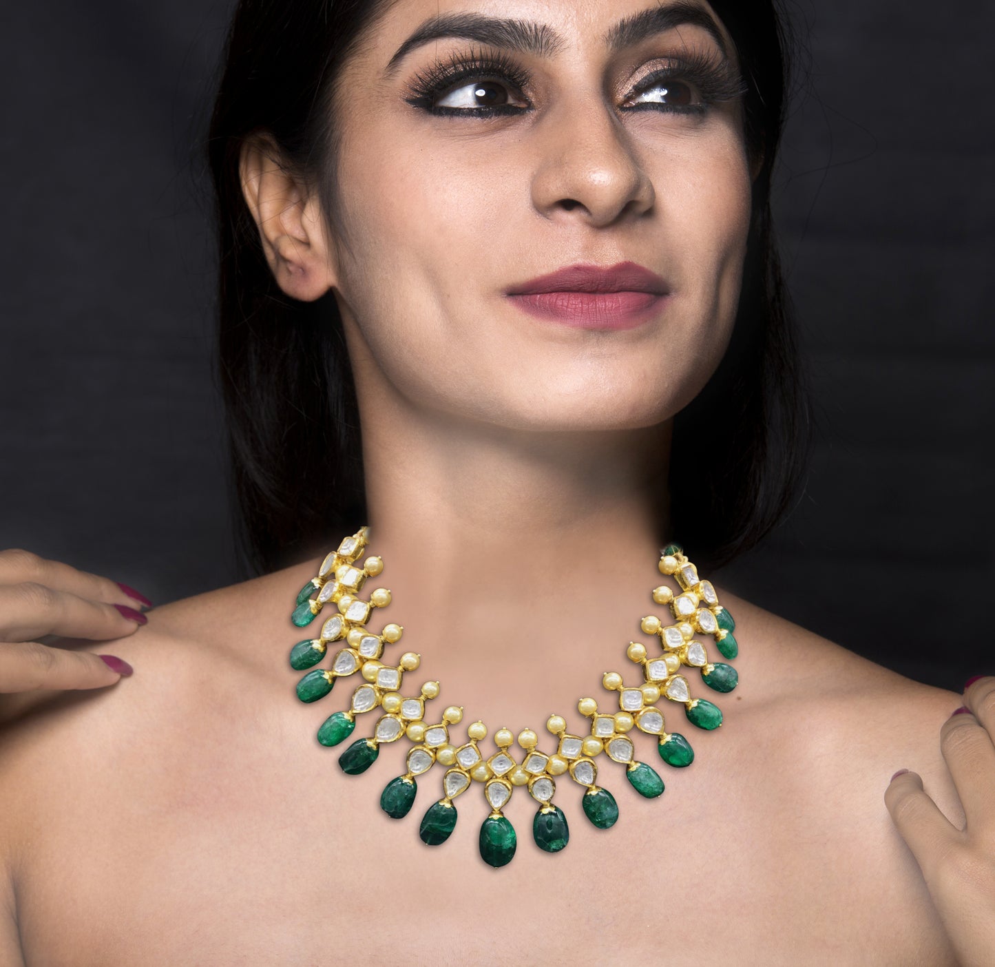 18k Gold and Diamond Polki Necklace Set with lustrous pearls and emerald-grade beryl tumbles - G. K. Ratnam