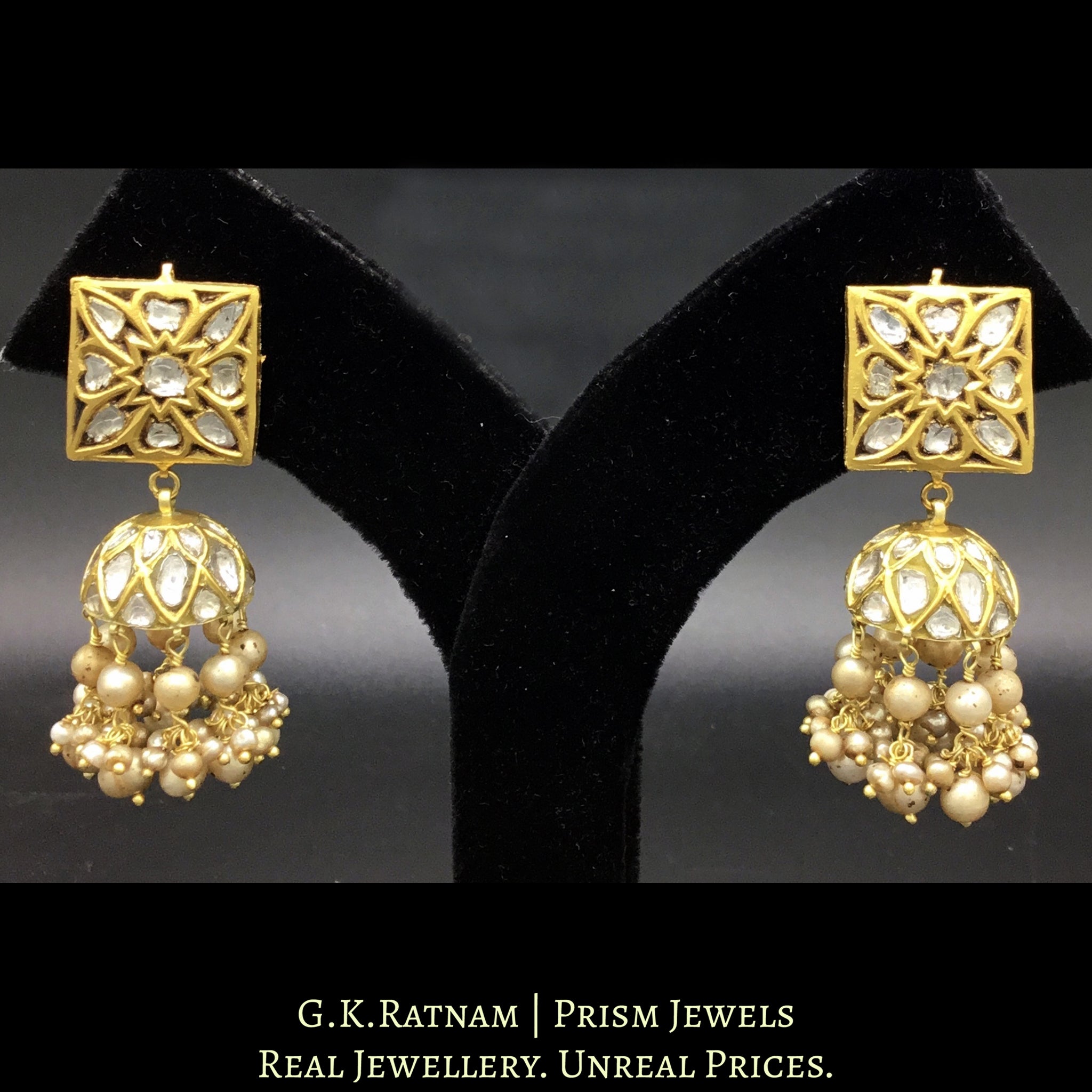 23k Gold and Diamond Polki Square Tops and Jhumki Earring Pair with antiqued freshwater pearls