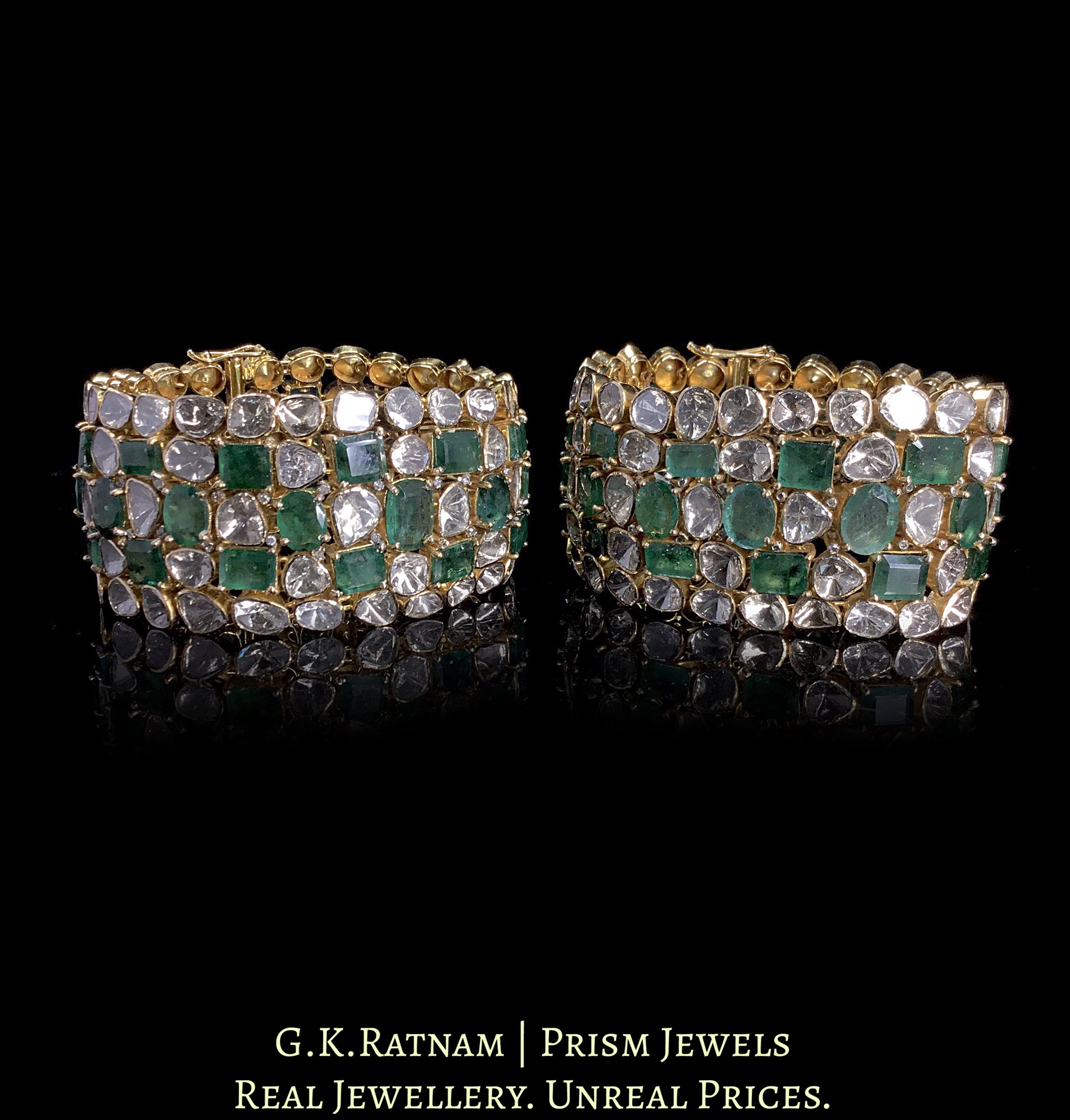 18k Gold and Diamond Polki Open Setting Bracelet Pair with Natural Emeralds