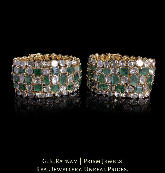 18k Gold and Diamond Polki Open Setting Bracelet Pair with Natural Emeralds