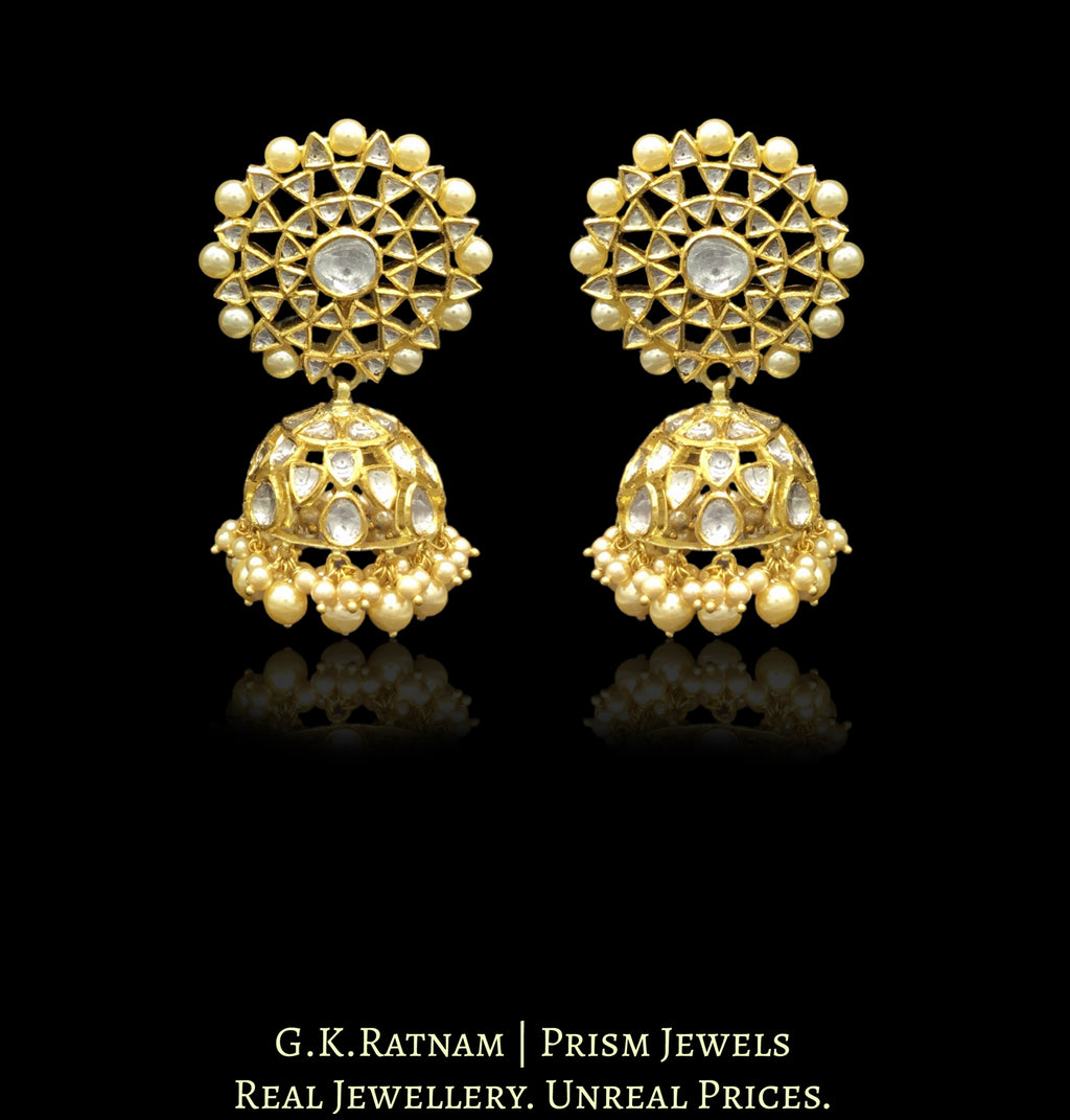 18k Gold and Diamond Polki Karanphool Jhumki Earring Pair with lustrous shell pearls