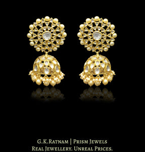 18k Gold and Diamond Polki Karanphool Jhumki Earring Pair with lustrous shell pearls