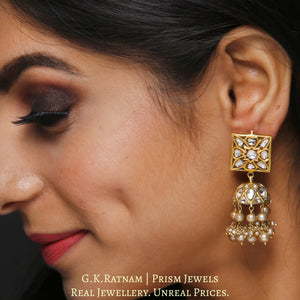 23k Gold and Diamond Polki Square Tops and Jhumki Earring Pair with antiqued freshwater pearls