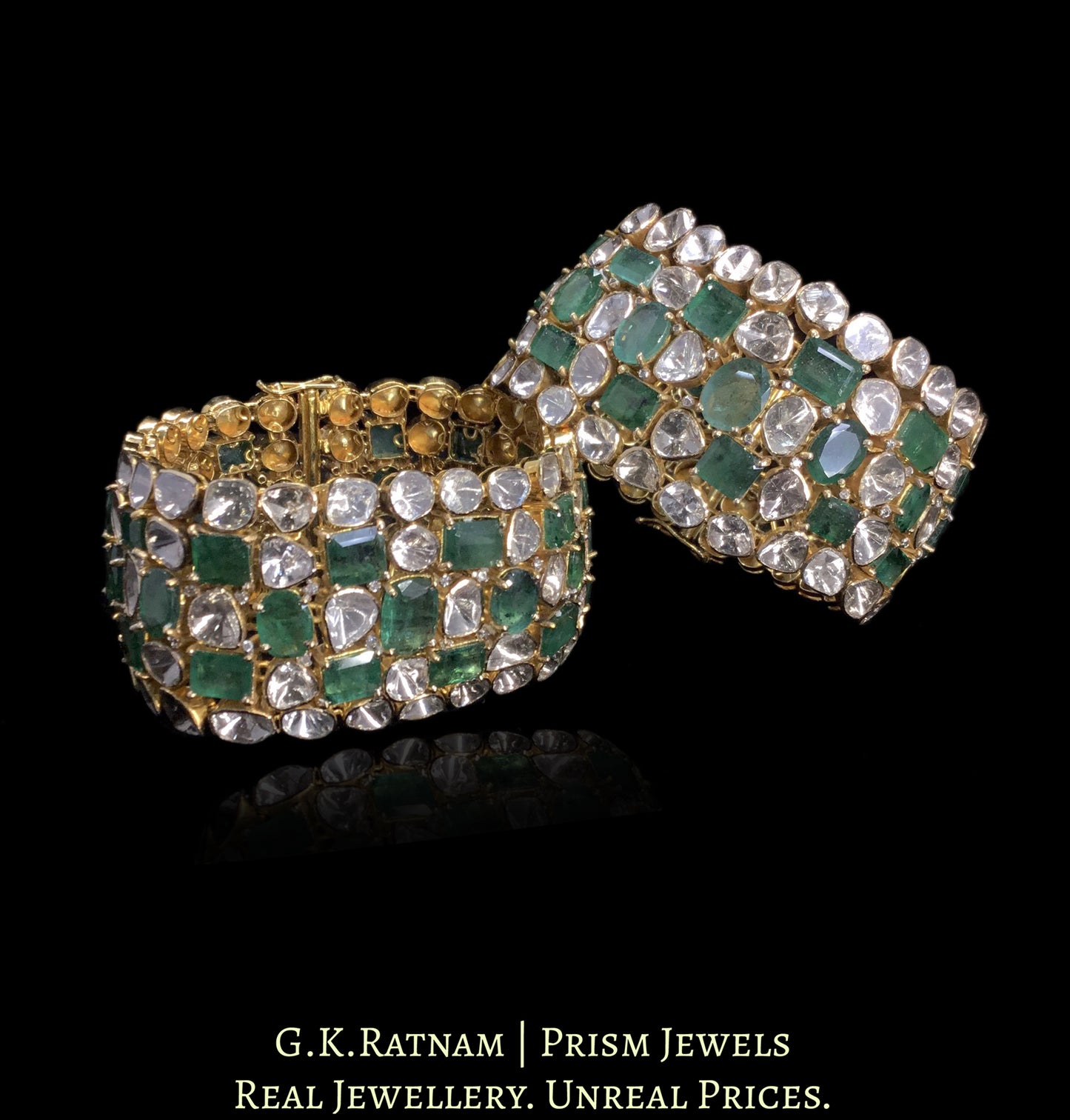 18k Gold and Diamond Polki Open Setting Bracelet Pair with Natural Emeralds