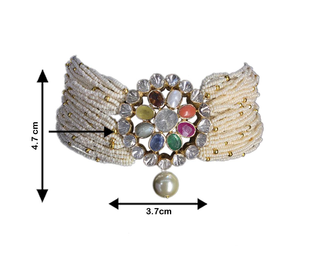 18k Gold and Diamond Polki Open Setting Navratna Choker Necklace with Chid Bunches