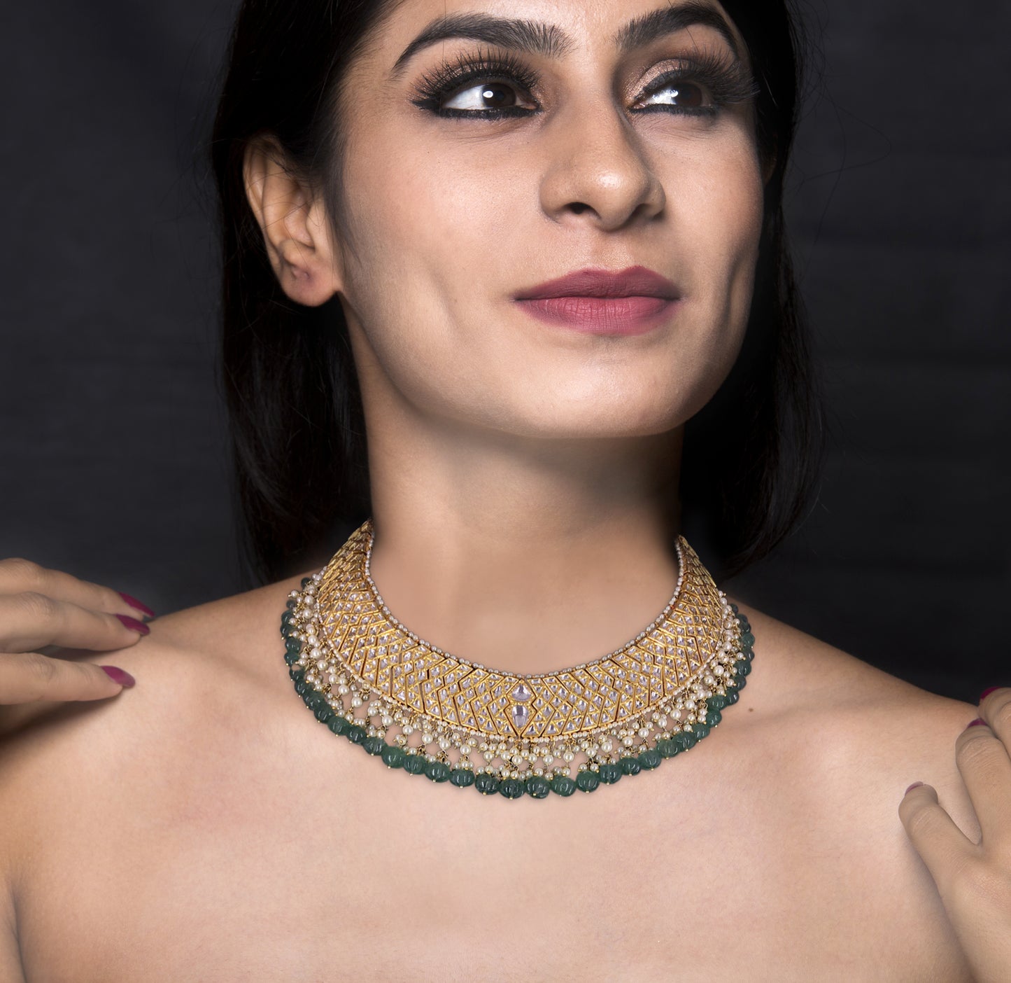 22k Gold and Diamond Polki W-Necklace with Green Strawberry Quartz Melons and Pearls