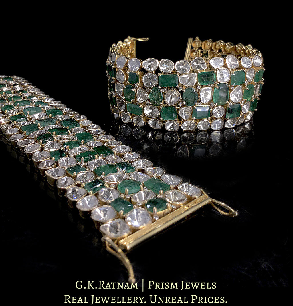 18k Gold and Diamond Polki Open Setting Bracelet Pair with Natural Emeralds
