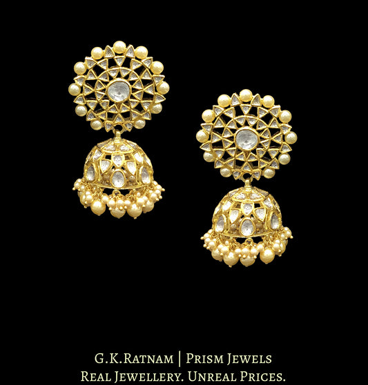 18k Gold and Diamond Polki Karanphool Jhumki Earring Pair with lustrous shell pearls