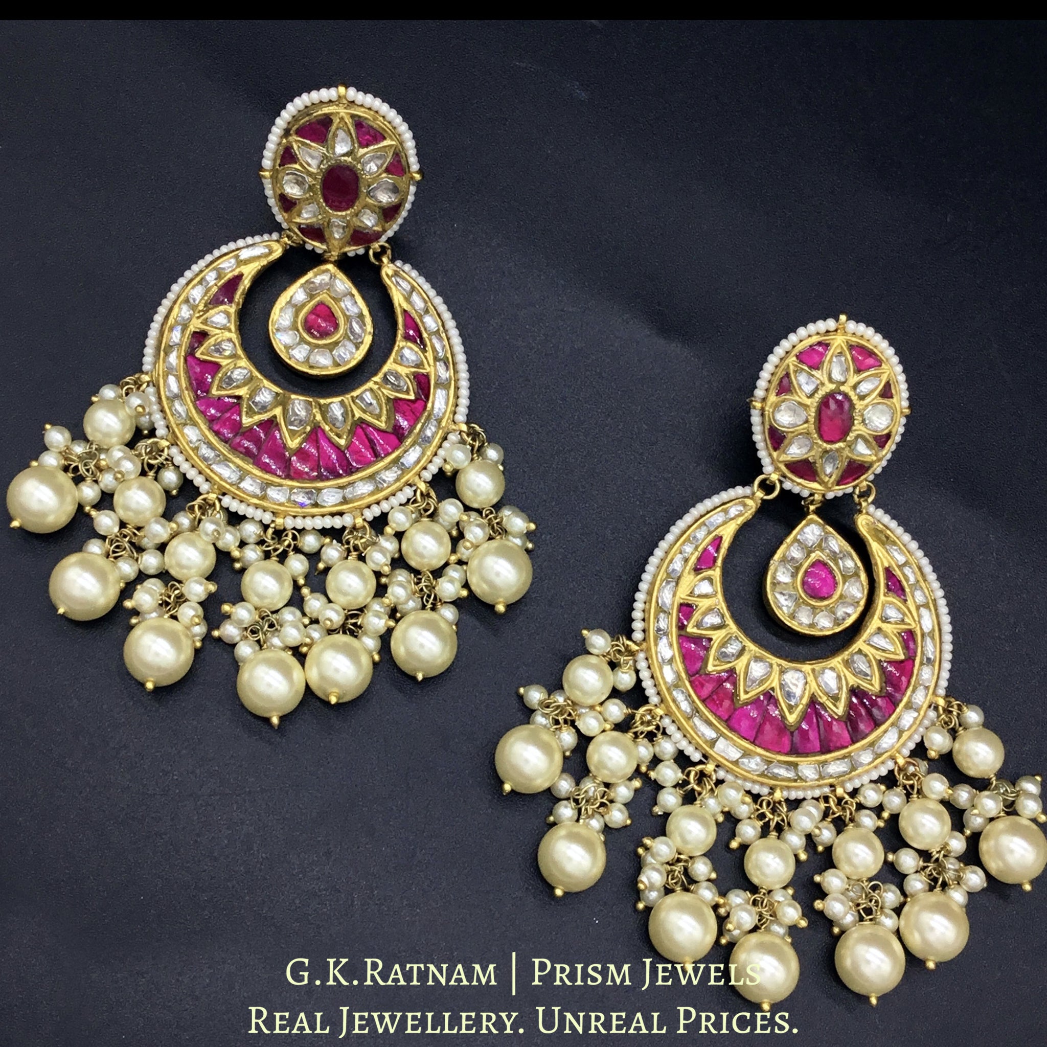 23k Gold and Diamond Polki Chand Bali Earring pair with Rubies