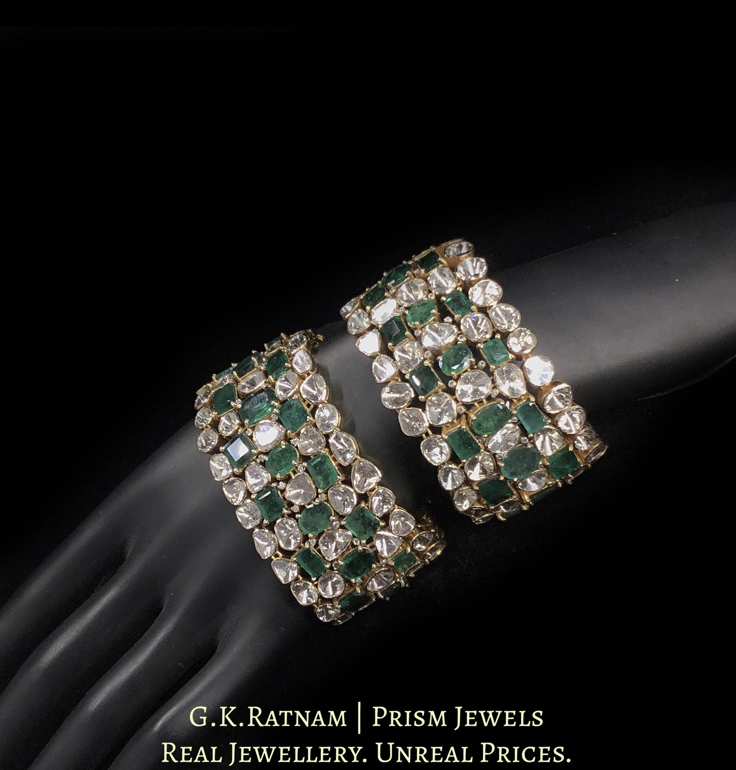 18k Gold and Diamond Polki Open Setting Bracelet Pair with Natural Emeralds
