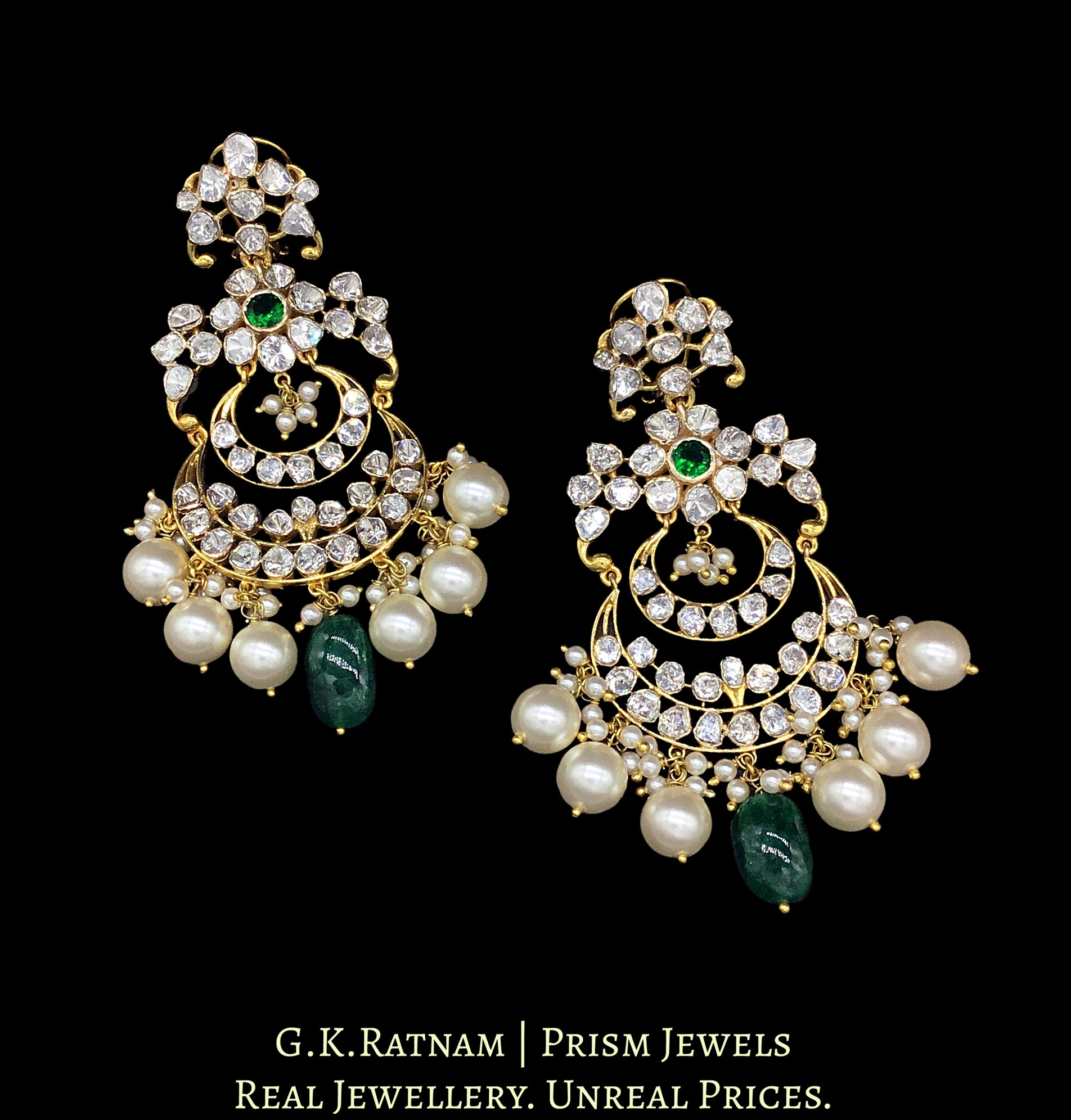 14k Gold and Diamond Polki Open Setting Chand Bali Earring Pair with Green center