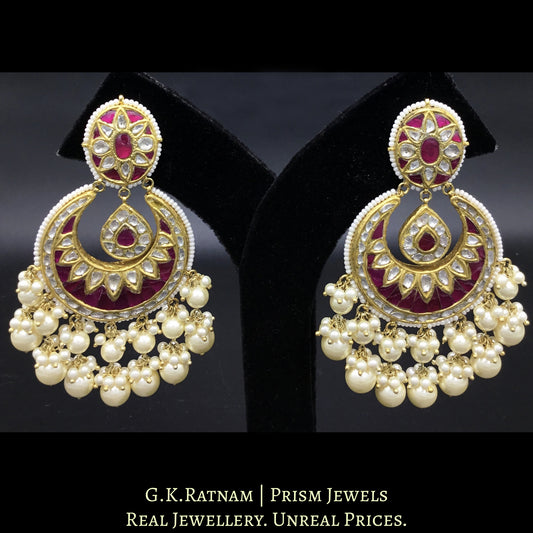 23k Gold and Diamond Polki Chand Bali Earring pair with Rubies