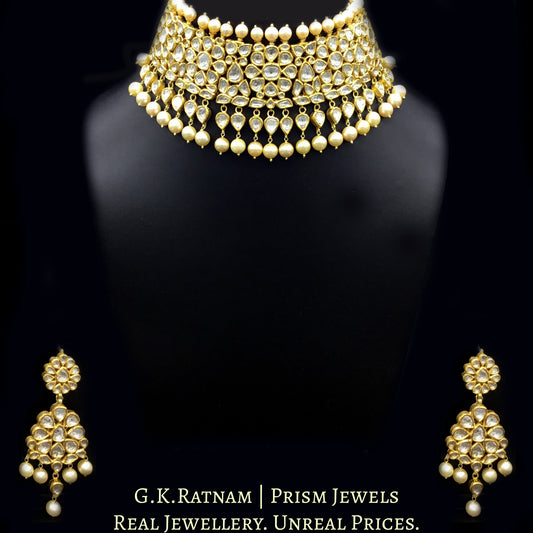 18k Gold and Diamond Polki Choker Necklace Set with Natural South Sea Pearls