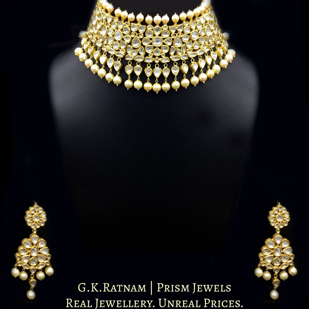 18k Gold and Diamond Polki Choker Necklace Set with Natural South Sea Pearls