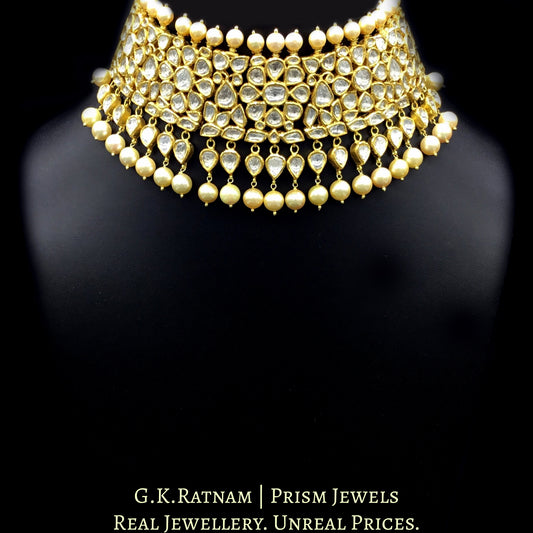 18k Gold and Diamond Polki Choker Necklace Set with Natural South Sea Pearls