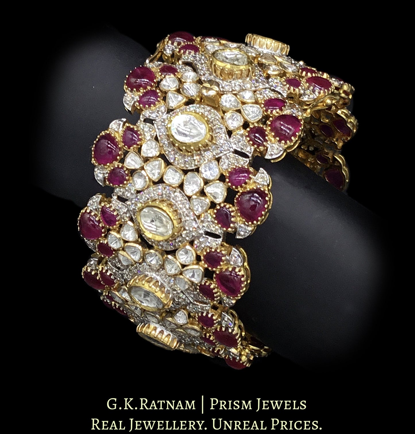 18k Gold and Diamond Polki Open Setting Bangle with Rubies