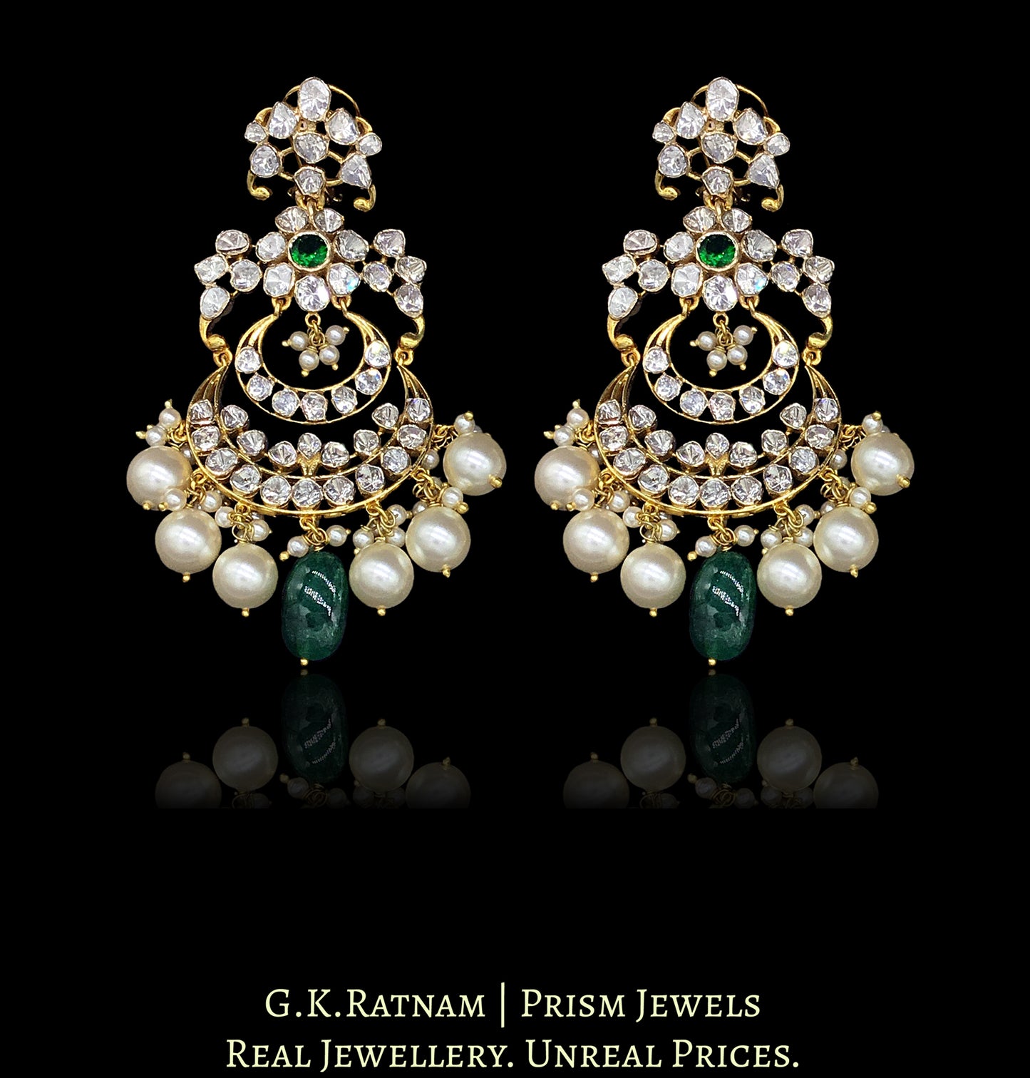 14k Gold and Diamond Polki Open Setting Chand Bali Earring Pair with Green center