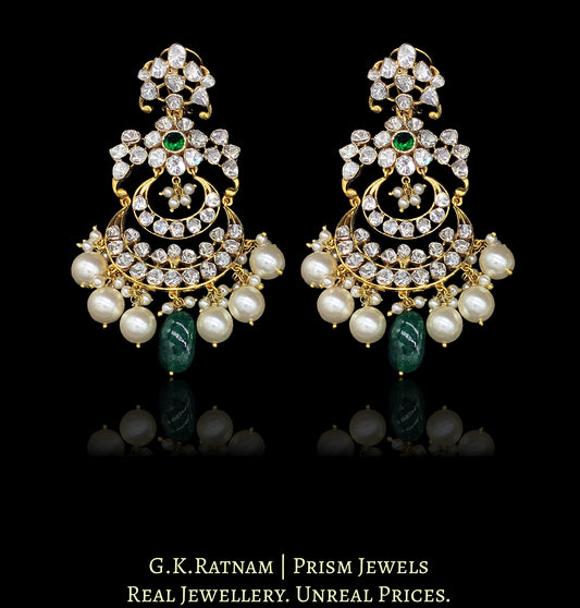 14k Gold and Diamond Polki Open Setting Chand Bali Earring Pair with Green center