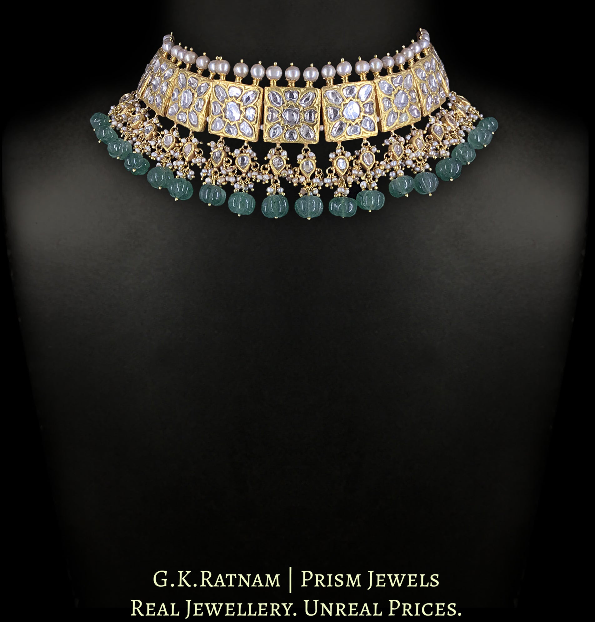 23k Gold and Diamond Polki Square Choker Necklace Set with Antiqued Hyderabadi Pearl Spikes