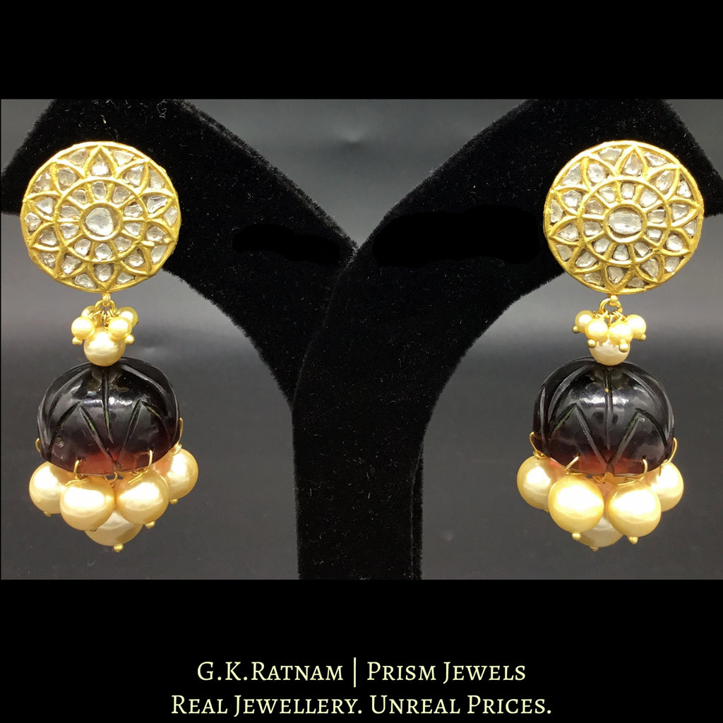 23k Gold and Diamond Polki Jhumki Earring Pair with brownish-red glass jhumkas