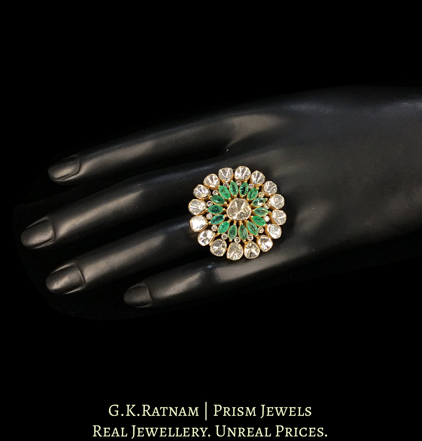 14k Gold and Diamond Polki Open Setting Ring With Natural Emerald Marquises