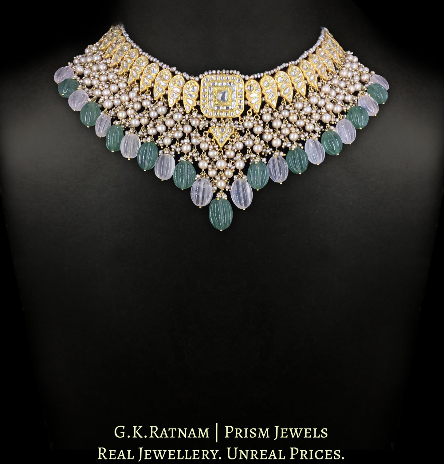 23k Gold and Diamond Polki Necklace Set strung with Antiqued Freshwater Pearls and Strawberry Quartz Melons