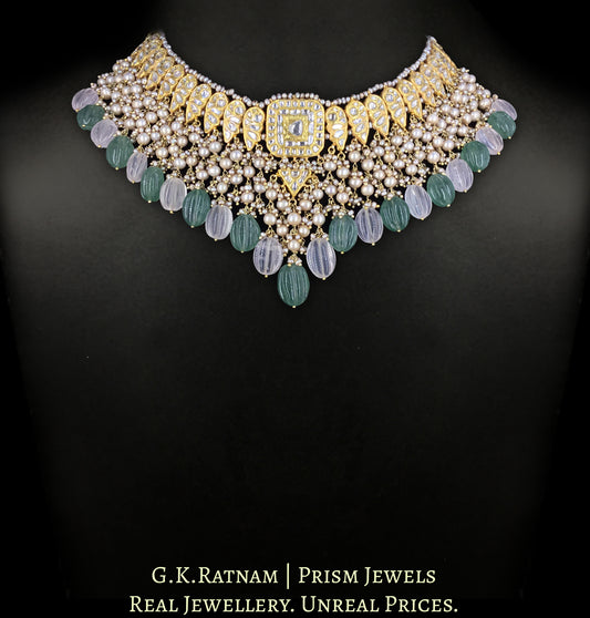 23k Gold and Diamond Polki Necklace Set strung with Antiqued Freshwater Pearls and Strawberry Quartz Melons