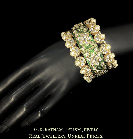18k Gold and Diamond Polki broad Bangle with Green Meenakari