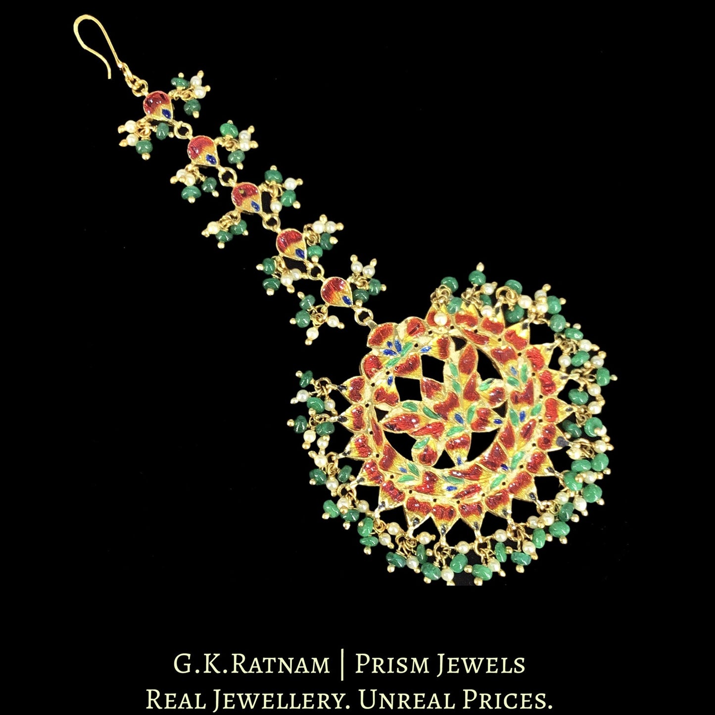 18k Gold And Diamond Polki Maang Tika With emerald-grade Green Beryls and Pearls