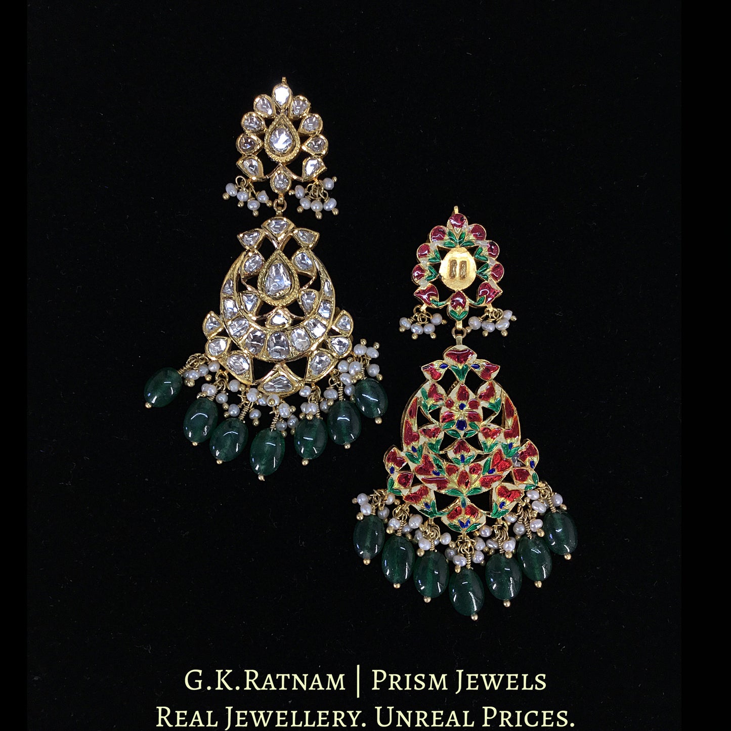 18k Gold and Diamond Polki Pendant Set with emerald-grade Green Beryls and Chid Bunches
