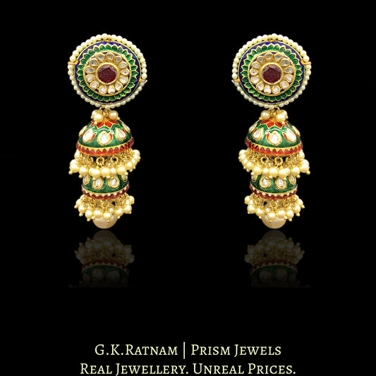 23k Gold and Diamond Polki Pacchi Tops and two-layered Jhumki Earring Pair with intricate green and red enamelling - G. K. Ratnam