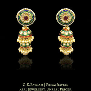 23k Gold and Diamond Polki Pacchi Tops and two-layered Jhumki Earring Pair with intricate green and red enamelling - G. K. Ratnam