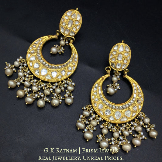 23k Gold and Diamond Polki Chand Bali Earring Pair with basra-grade natural freshwater pearls - G. K. Ratnam
