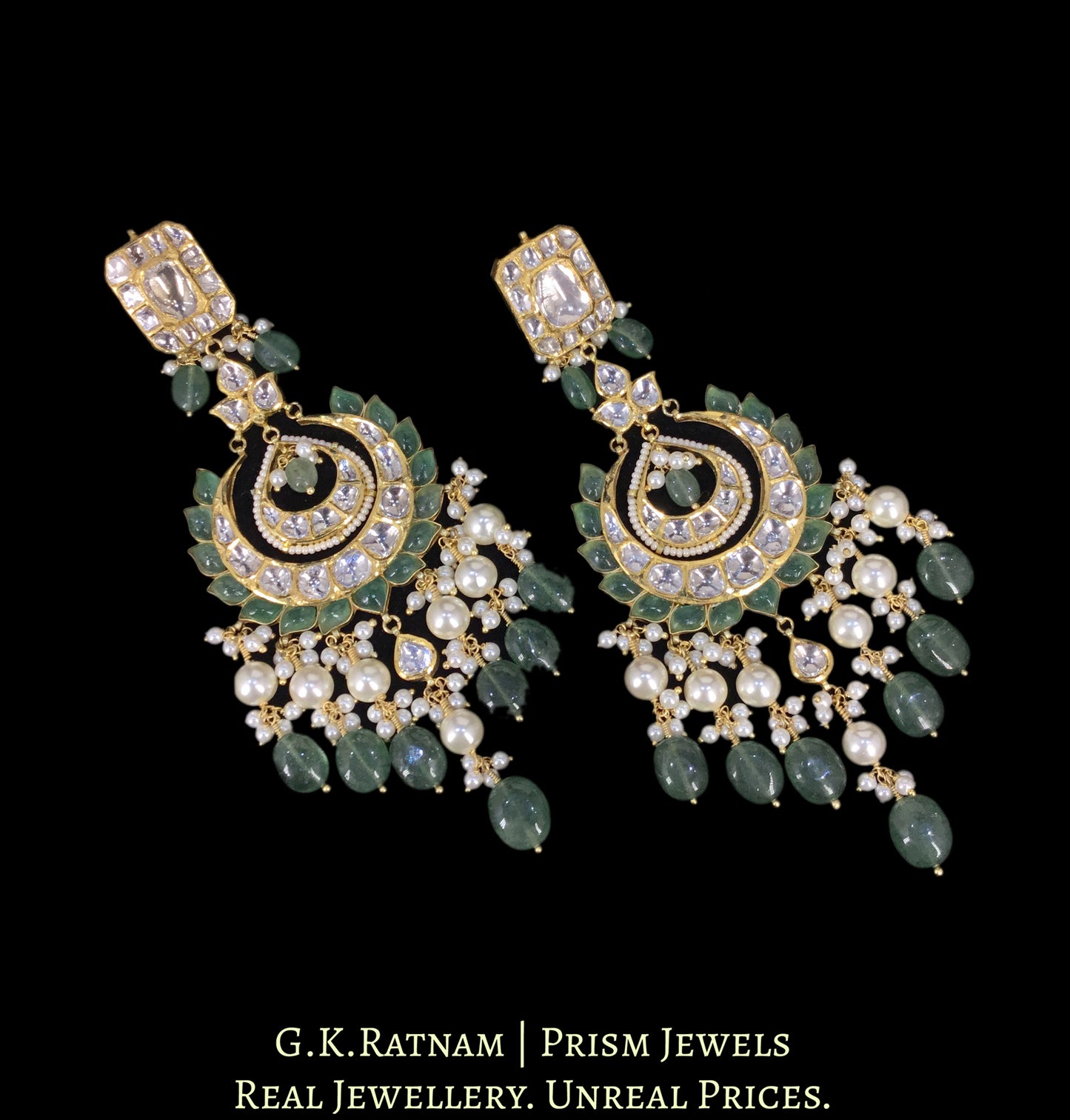 18k Gold and Diamond Polki Chand Bali Earring Pair with Green Strawberry Quartz