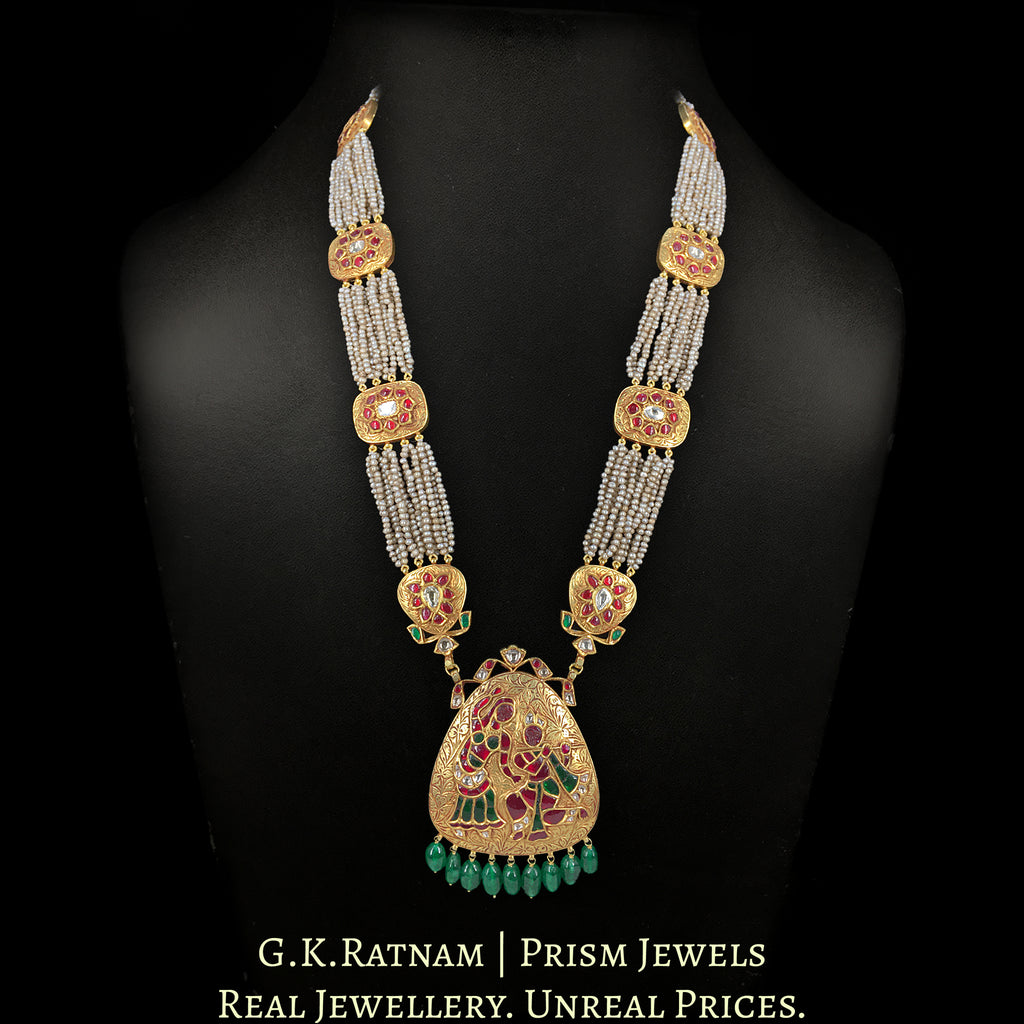 18k Gold and Diamond Polki Radha-Krishna Pendant strung in Ranihaar / Patrihaar style with basra-like Pearls