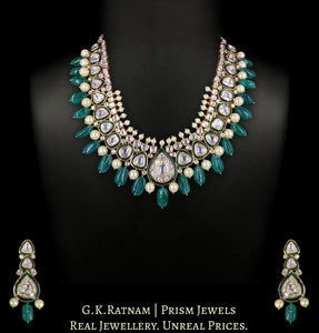 18k Gold and Diamond Polki Long Necklace Set with Green Beryls and Pearls