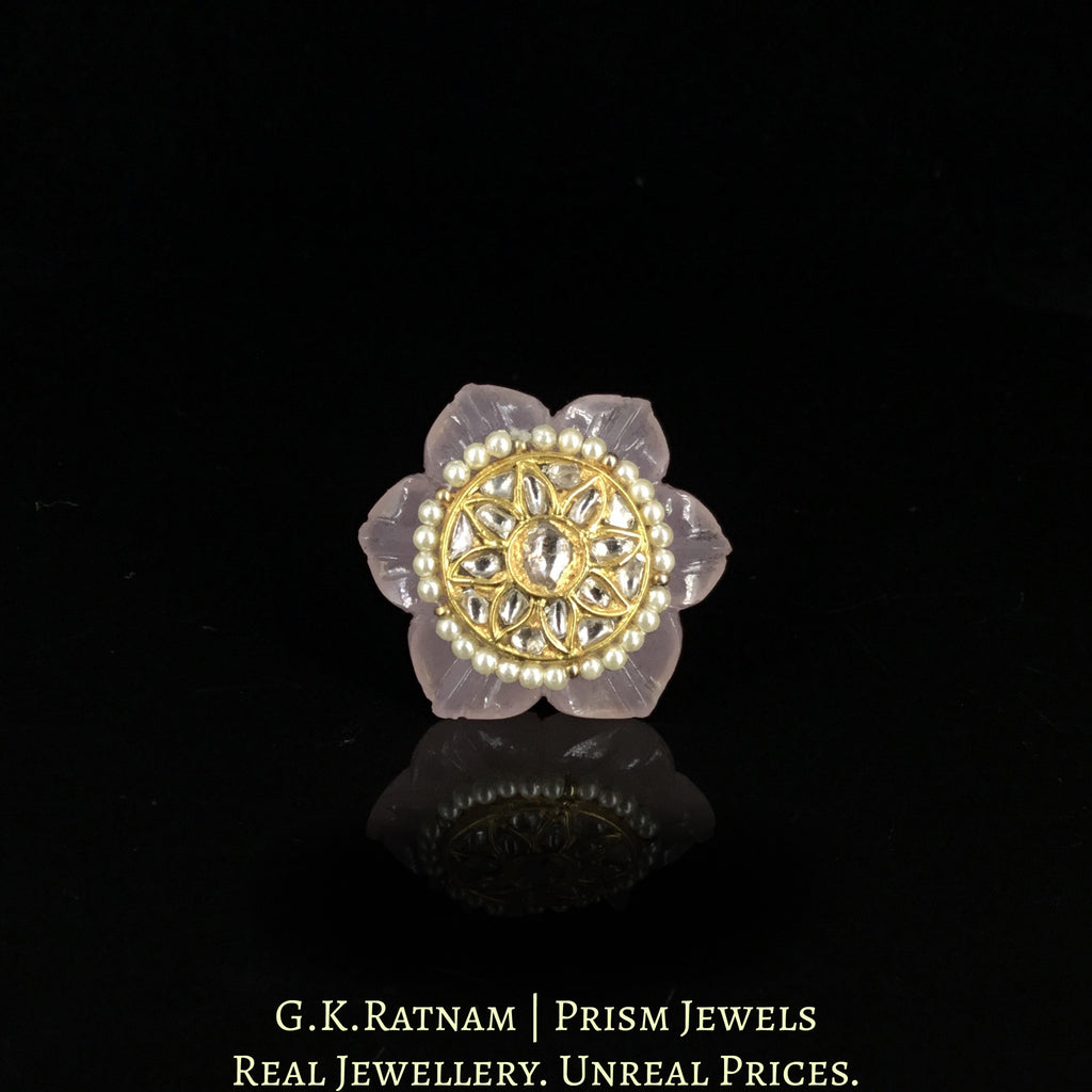 23k Gold and Diamond Polki Ring With Floral Rose Quartz Carving