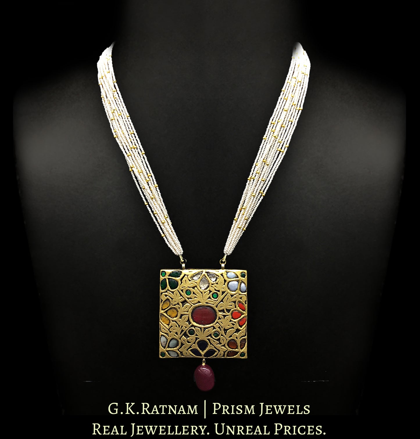 23k Gold and Diamond Polki Reversible Navratna Pendant with Chid Pearl bunches - G. K. Ratnam