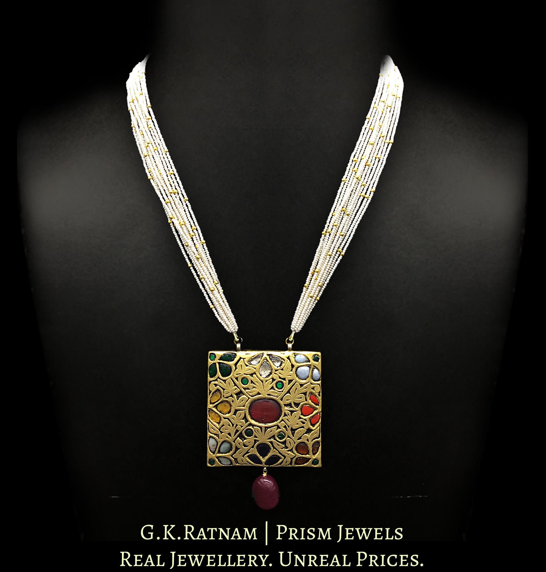 23k Gold and Diamond Polki Reversible Navratna Pendant with Chid Pearl bunches - G. K. Ratnam