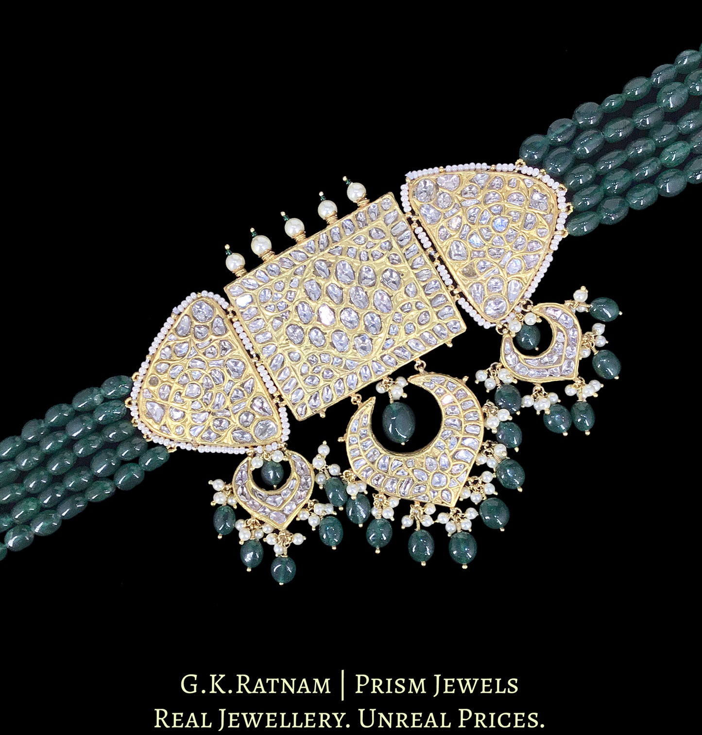 23k Gold and Diamod Polki Choker Necklace with emerald-green Strawberry Quartz