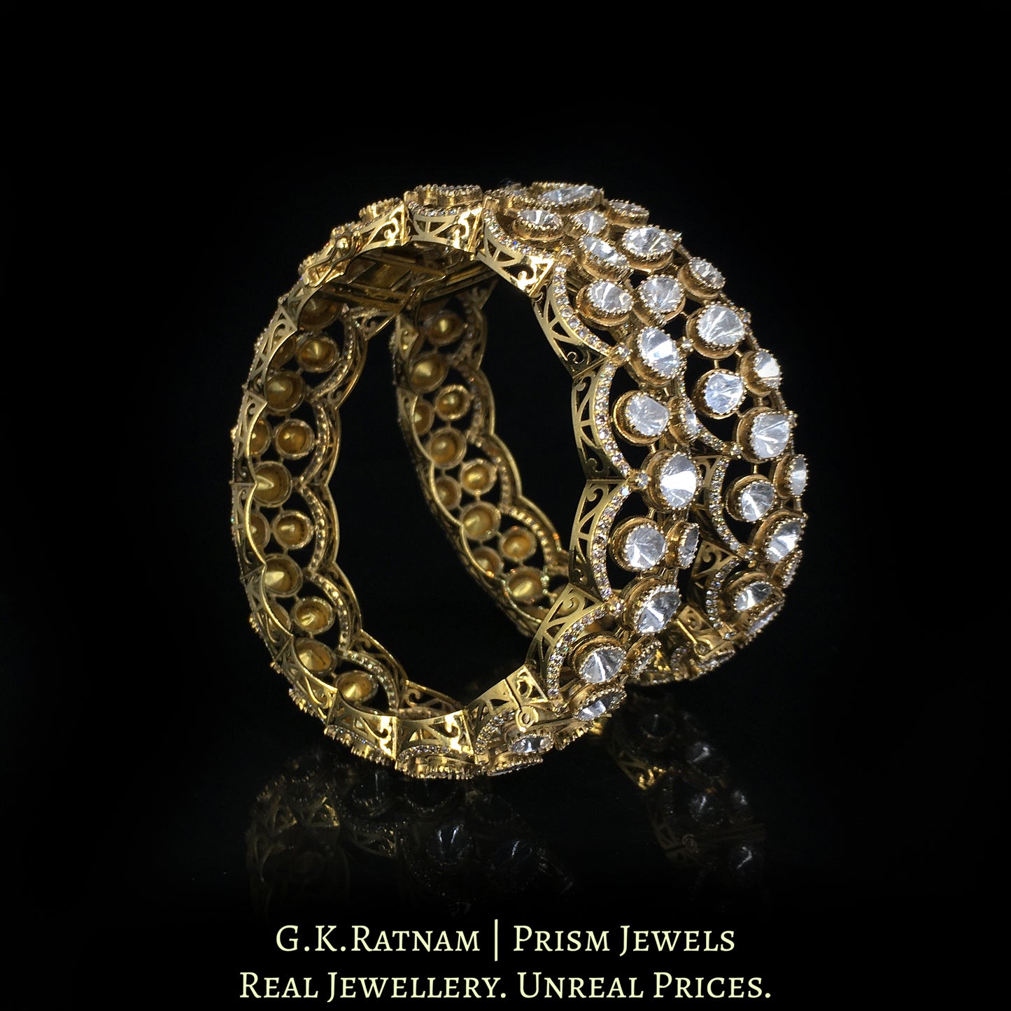 14k Gold and Diamond Polki Open Setting Bangle Pair in Antique Victorian Finish - G. K. Ratnam
