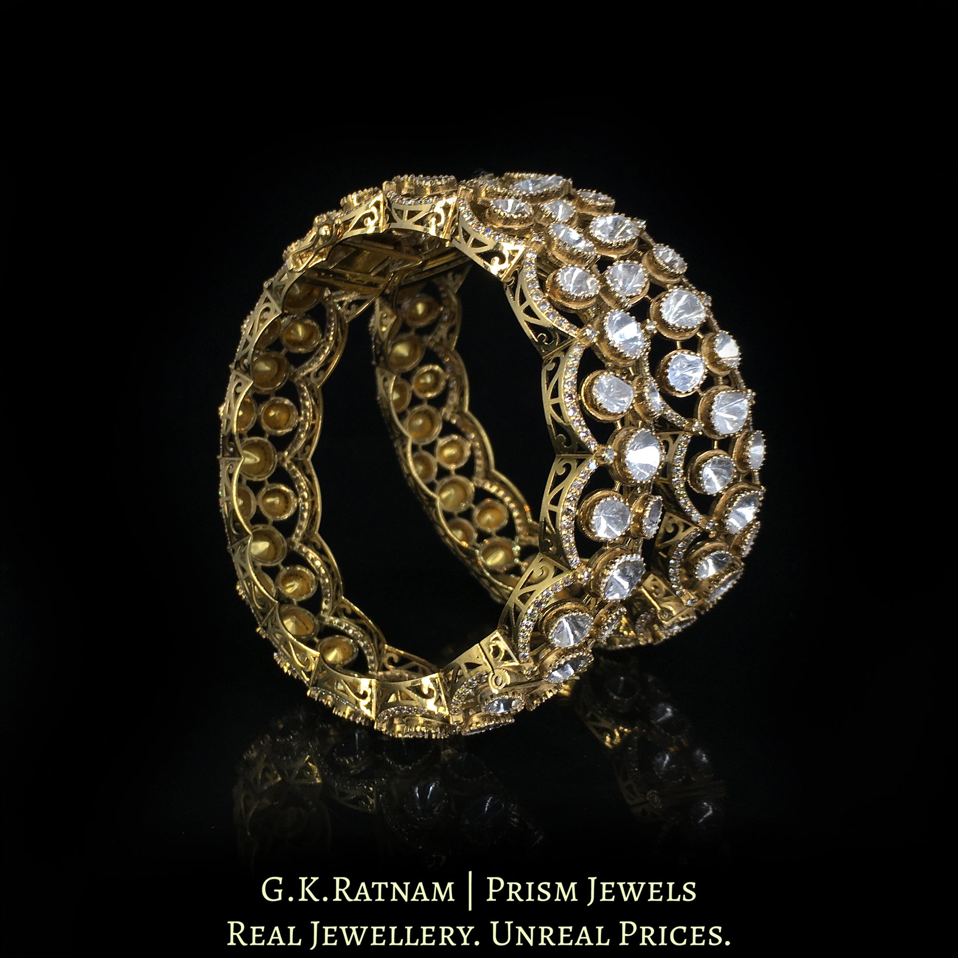 14k Gold and Diamond Polki Open Setting Bangle Pair in Antique Victorian Finish - G. K. Ratnam