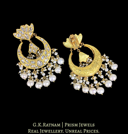 23k Gold and Diamond Chand Bali Earring Pair accentuated with Natural Hyderabadi Pearls