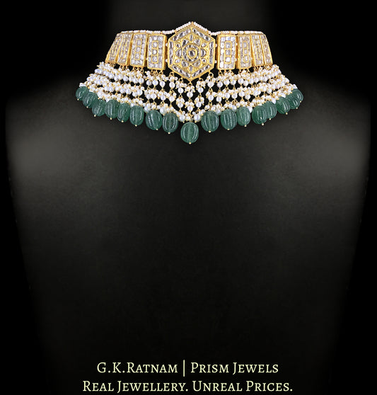 23k Gold and Diamond Polki Choker Necklace Set with Pearls and Strawberry Quartz Melons