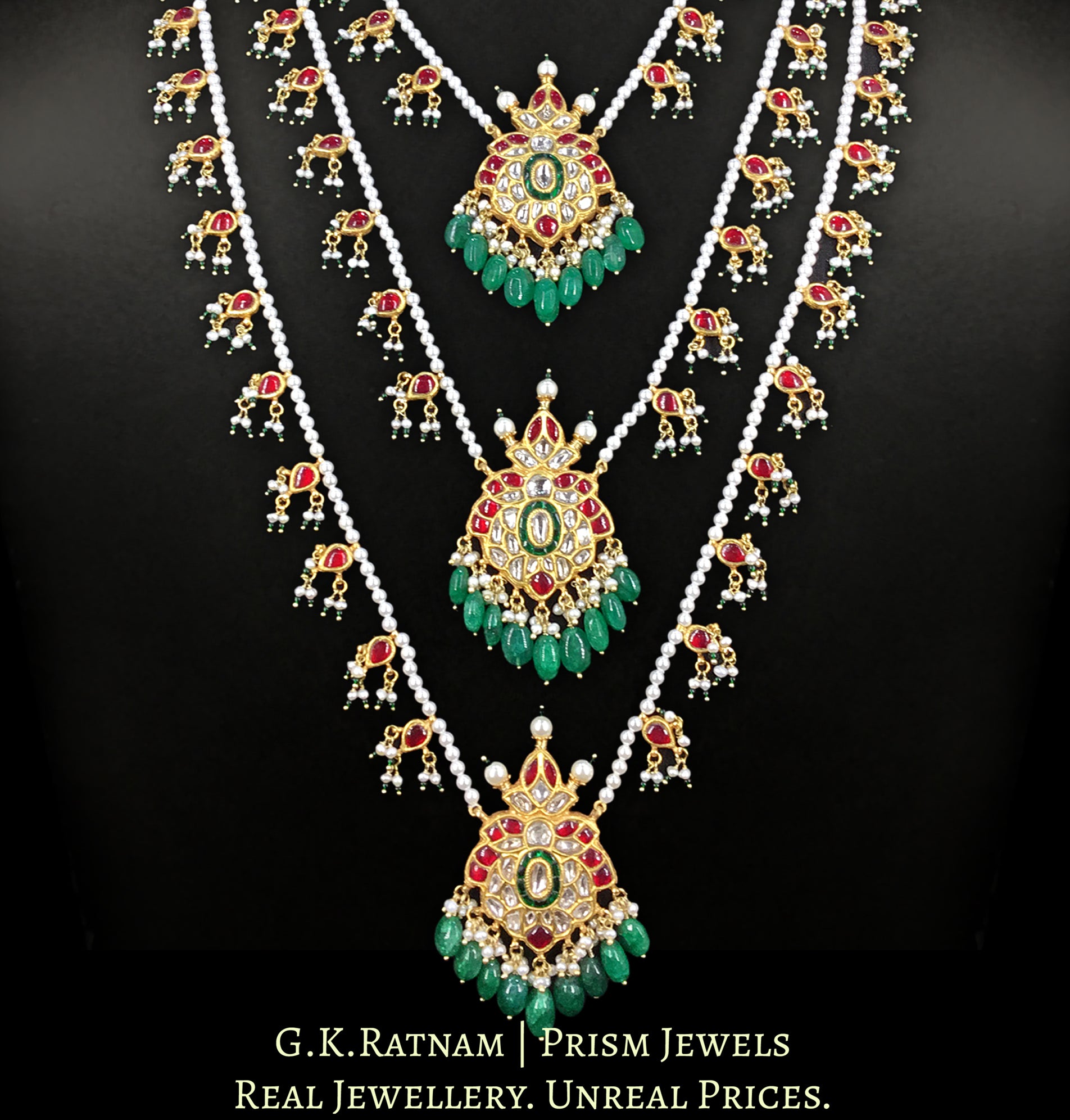 23k Gold and Diamond Polki south-style Teen-Lad (three-row) Necklace with Pearls - G. K. Ratnam