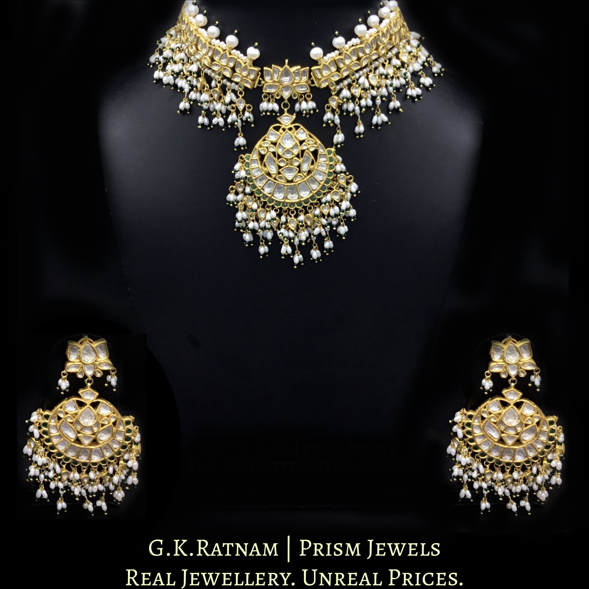18k Gold and Diamond Polki Choker Necklace Set with Lotus Motifs enhanced in Natural Freshwater Rice Pearls