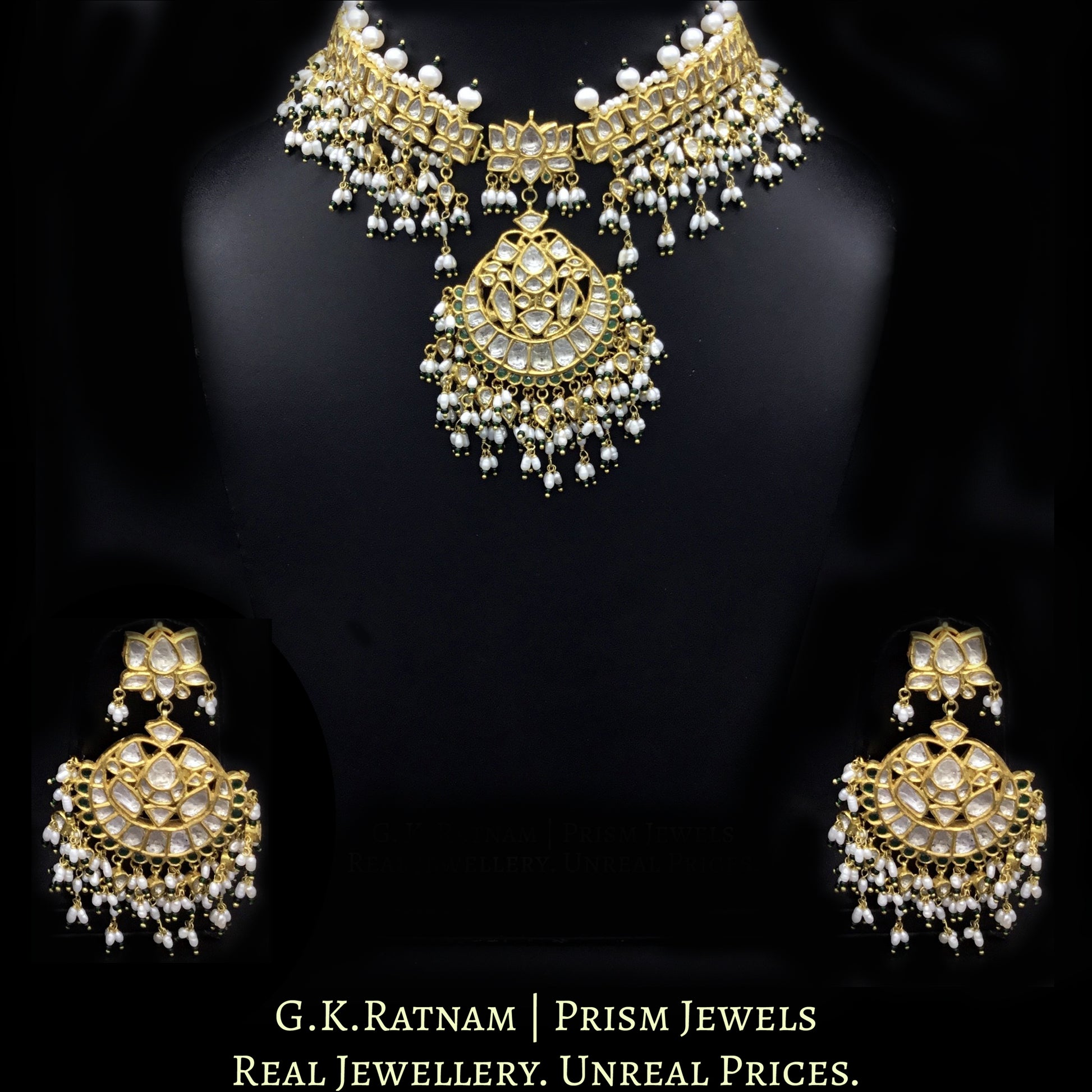 18k Gold and Diamond Polki Choker Necklace Set with Lotus Motifs enhanced in Natural Freshwater Rice Pearls - G. K. Ratnam