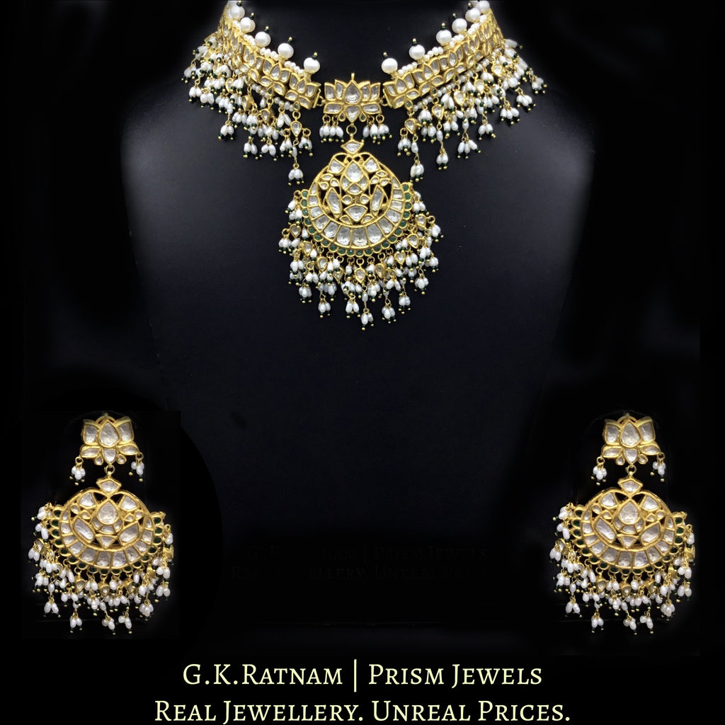 18k Gold and Diamond Polki Choker Necklace Set with Lotus Motifs enhanced in Natural Freshwater Rice Pearls